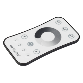 Пульт SMART-R10-DIM (4 зоны, 2.4G) 023033 - Кнопочный радиопульт с сенсорным кольцом 2.4 ГГц белого цвета для управления одноцветным (DIM) источником света. 4 зоны управления, управление яркостью с помощью сенсорного кольца. Питание 3VDC (CR2032). Габарит