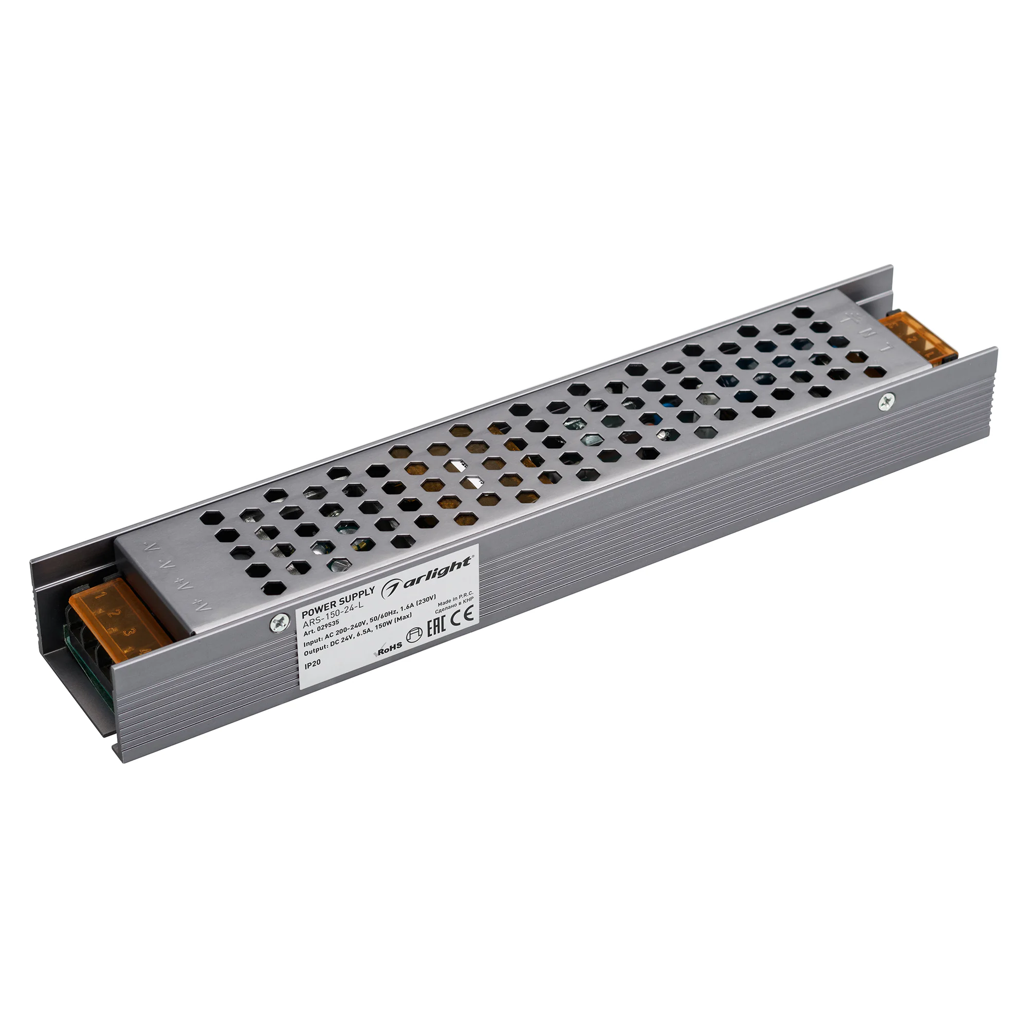 Блок питания ARS-150-24-L (24V, 6.5A, 150W) 029535 - Источник напряжения с гальванической развязкой для светодиодных изделий. Входное напряжение 176-264 VAC. Выходные параметры: 24 В, 6.5 А, 150 Вт. Встроенный PFC >0.5. Негерметичный алюминиевый сетчатый 