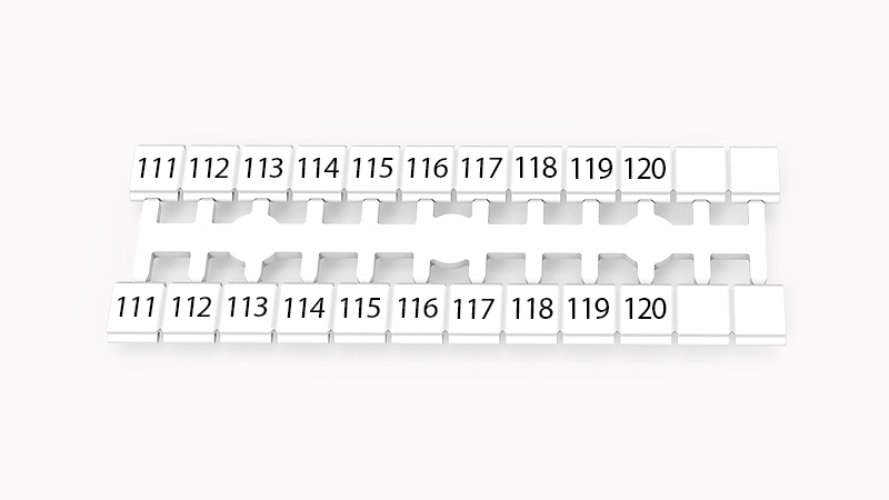 Марк.  кассета ZK5-24P-19-22Z(H) - Кассета с шильдиками для клемм DS…, сечением 2,5 мм кв., боковая, 24 шильдиков, нанесенные символы: 111-120 + 2 чист, 2 ряда с вертикальным расположением, размер шильдика: 4,6х5,0 мм, цвет белый