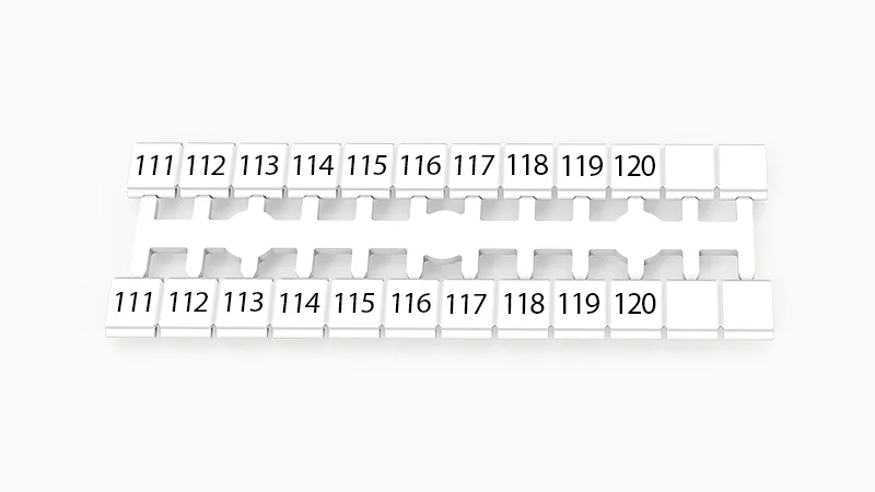 Марк.  кассета ZK5-24P-19-22Z(H) - Кассета с шильдиками для клемм DS…, сечением 2,5 мм кв., боковая, 24 шильдиков, нанесенные символы: 111-120 + 2 чист, 2 ряда с вертикальным расположением, размер шильдика: 4,6х5,0 мм, цвет белый