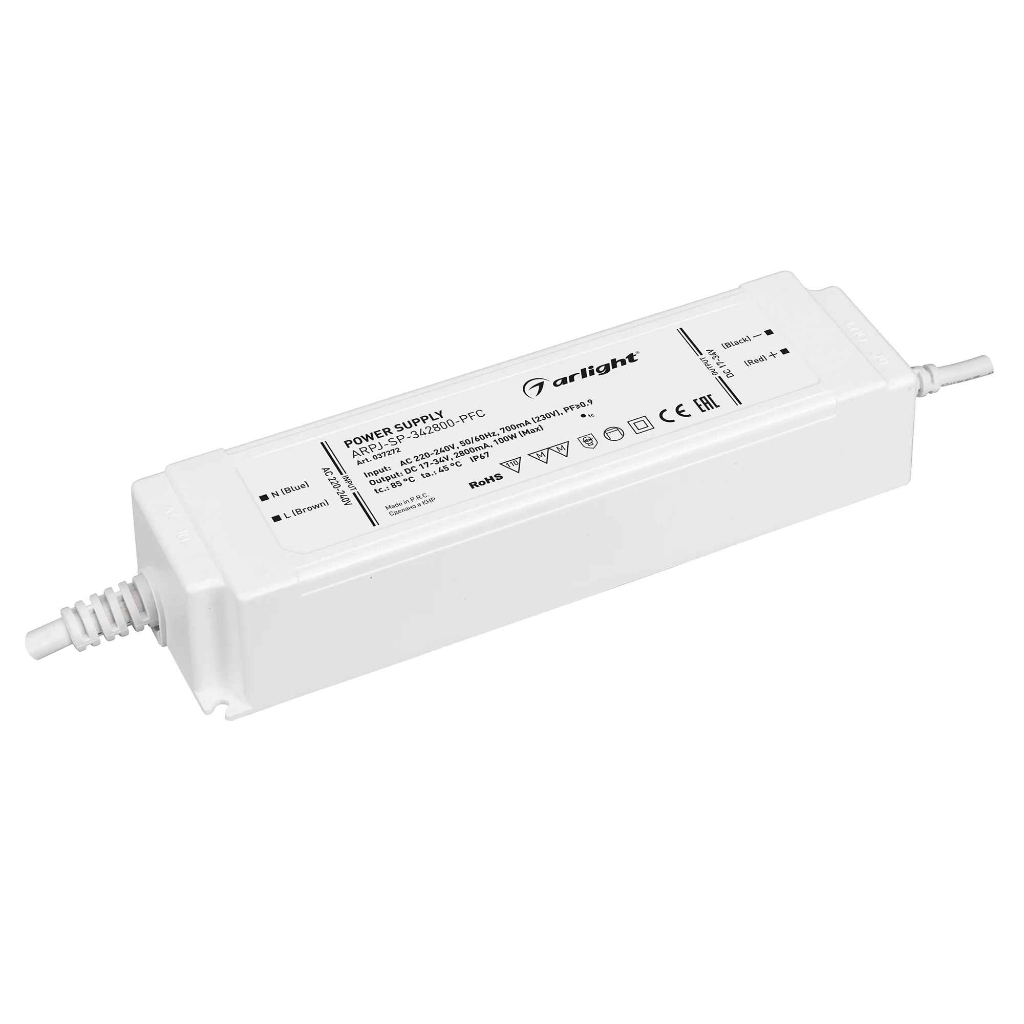 Блок питания ARPJ-SP-342800-PFC (100W, 17-34V, 2.8A) 037272 - Источник тока с гальванической развязкой для светильников и мощных светодиодов. Входное напряжение 220-240 VAC. Выходные параметры: 17-34 В, 2800 mА, 100 Вт. Встроенный PFC >0.9. Герметичный пл