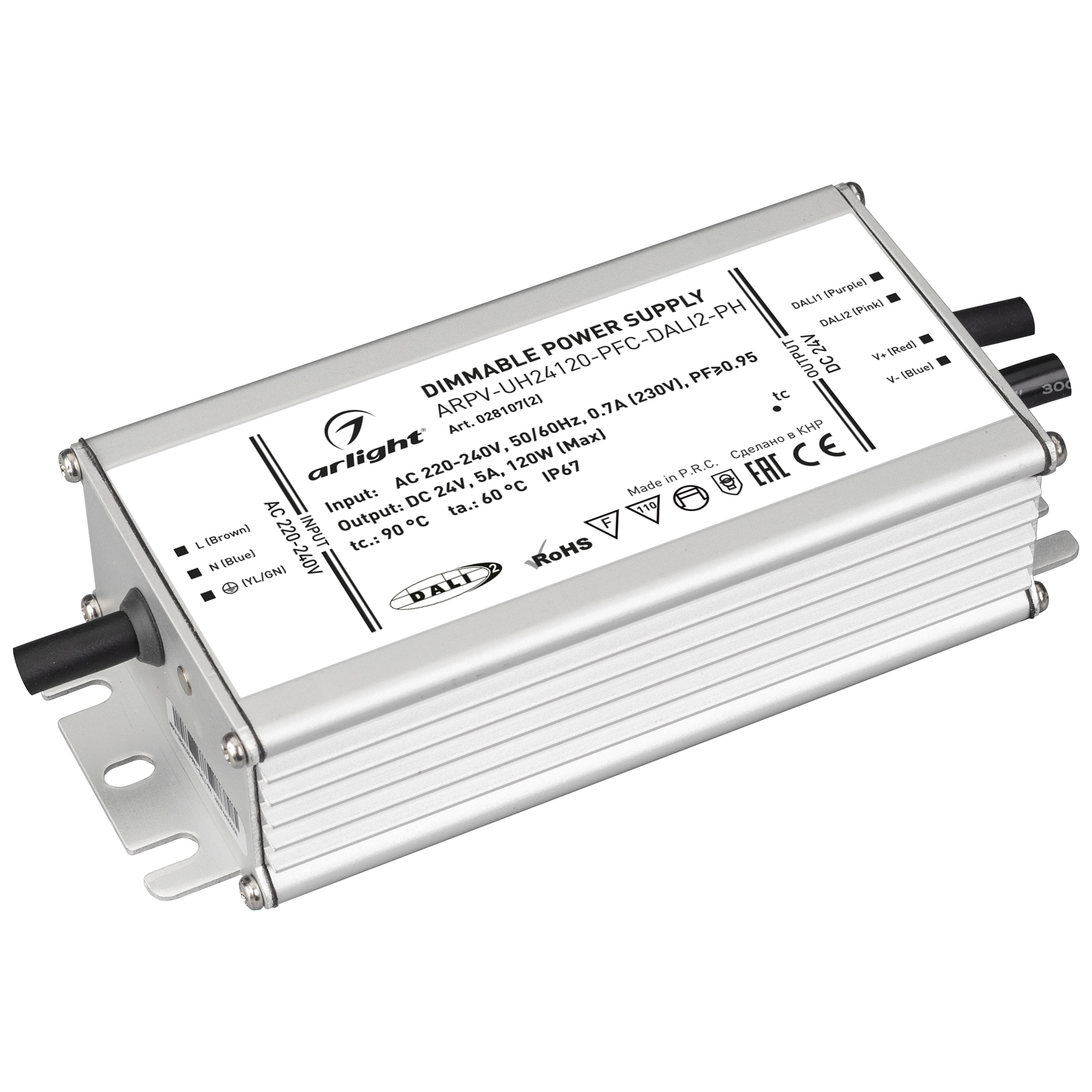 Блок питания ARPV-UH24120-PFC-DALI2-PH (24V, 5.0A, 120W) 028107(2) - Диммируемый источник напряжения по протоколу DALI2.0 с гальванической развязкой для светодиодных изделий. Входное напряжение 220-240 VAC. Выходные параметры: 24 В, 5 А, 120 Вт. Встроенны