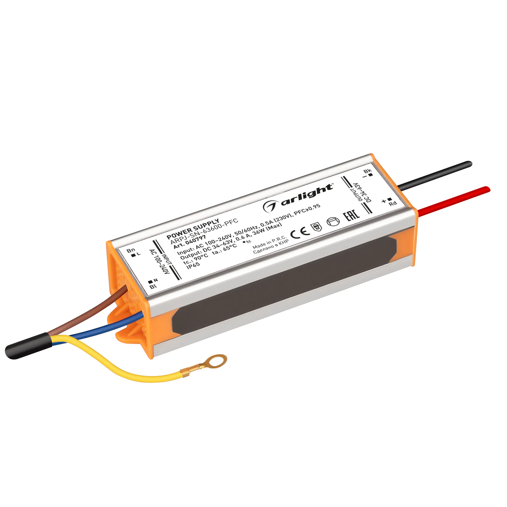 Блок питания ARPJ-SN-63600-PFC (36W, 34-63V, 600mA) 040797 - Источник тока с гальванической развязкой для уличных светильников и мощных светодиодов. Входное напряжение 100-240 VAC. Выходные параметры: 34-63 В, 600 mА, 36 Вт. Встроенный PFC >0.95. Герметич