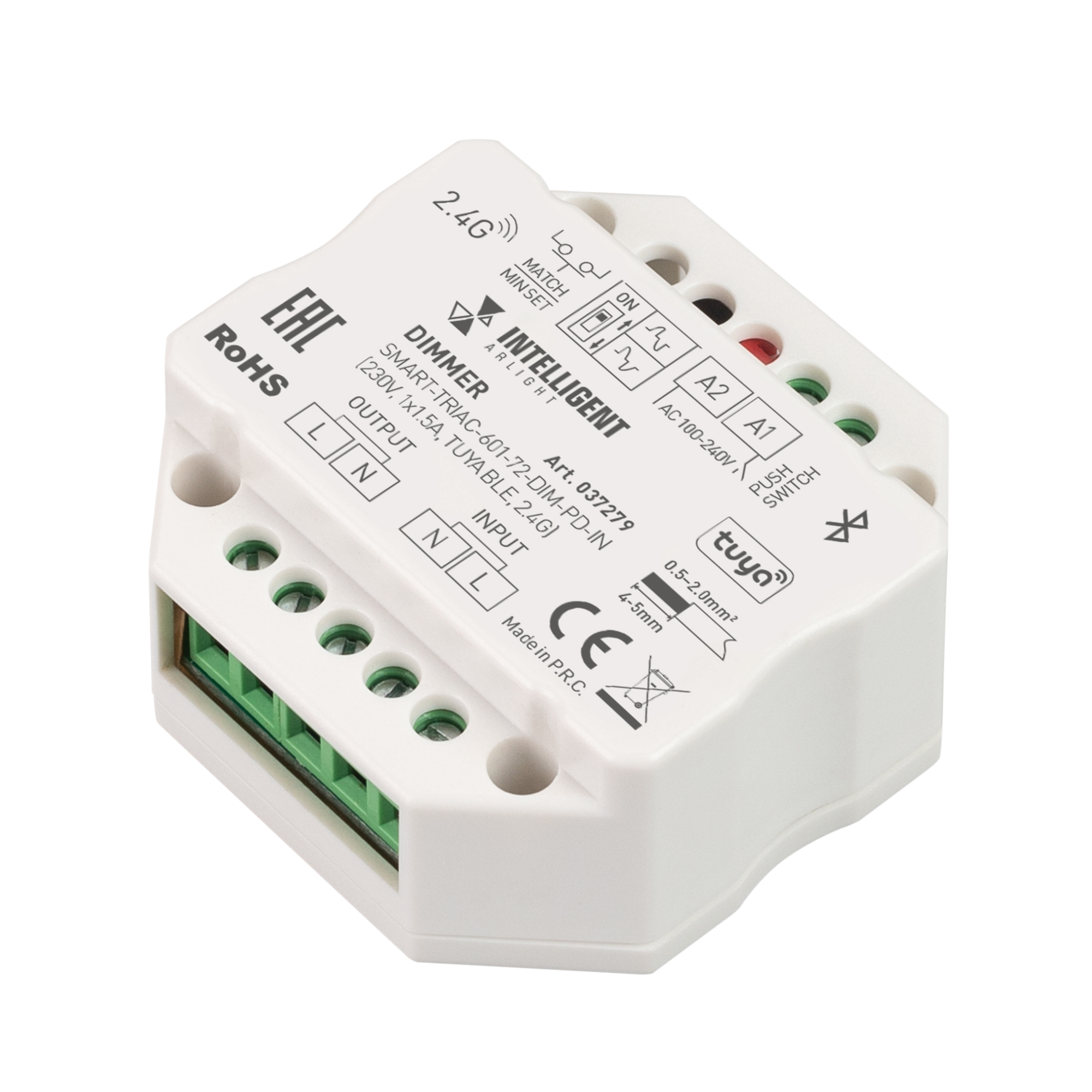 INTELLIGENT ARLIGHT Диммер SMART-TRIAC-601-72-DIM-PD-IN (230V, 1x1.5A, TUYA BLE, 2.4G) 037279 - TRIAC диммер, предназначенный для установки в подрозетник. Управляется пультами и панелями серии SMART. Интерфейс Tuya, TUYA (Bluetooth), поддерживается управл
