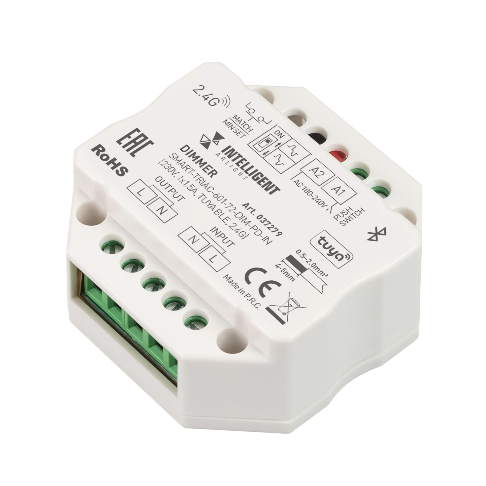 INTELLIGENT ARLIGHT Диммер SMART-TRIAC-601-72-DIM-PD-IN (230V, 1x1.5A, TUYA BLE, 2.4G) 037279 - TRIAC диммер, предназначенный для установки в подрозетник. Управляется пультами и панелями серии SMART. Интерфейс Tuya, TUYA (Bluetooth), поддерживается управл