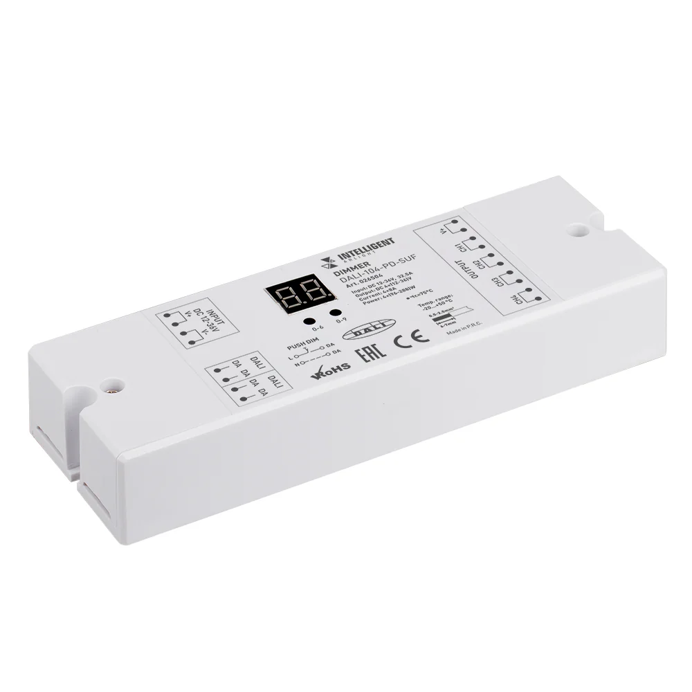 INTELLIGENT ARLIGHT Диммер DALI-104-PD-SUF (12-36V, 4х8А) 026504 - Мощный DALI диммер на 4 адреса, для одноцветных или RGBW светодиодных лент, 4 асинхронных канала. Управляется сигналом DALI или кнопками PUSH DIM. Питание\выход 12-36 VDC. Высокая частота 