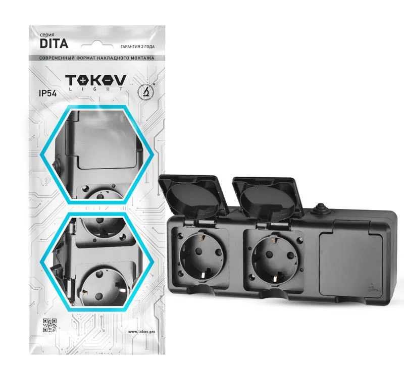 Розетка 3-м ОП Dita 16А IP54 250В с заземл. с крышкой карбон TKL-DT-R3Z-C14-IP54