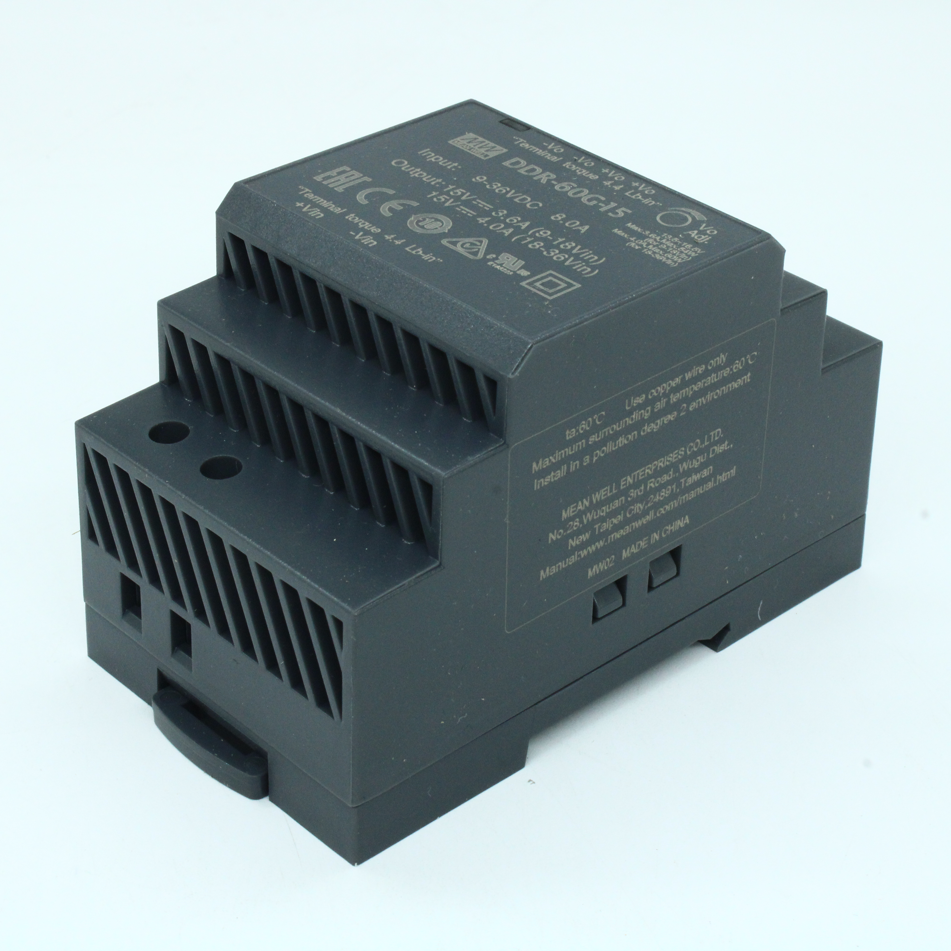 DDR-60G-15 - DC-DC, 60Вт, вход 9…36 В DC, выход 15В/4А, изоляция 4000В DC, в кожухе на DIN-рейку, 52.5х90х54.5мм, -40...+85°С