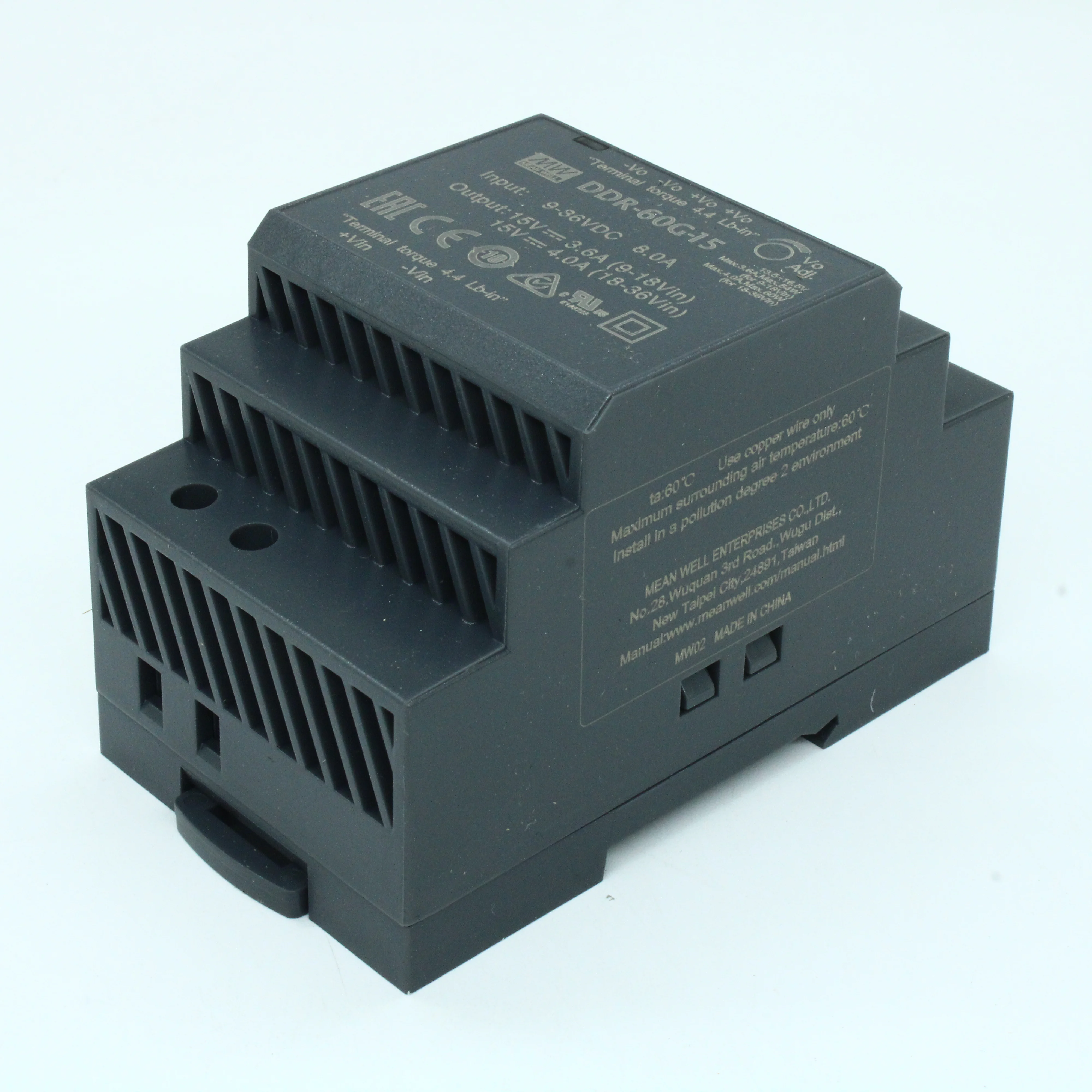 DDR-60G-15 - DC-DC, 60Вт, вход 9…36 В DC, выход 15В/4А, изоляция 4000В DC, в кожухе на DIN-рейку, 52.5х90х54.5мм, -40...+85°С