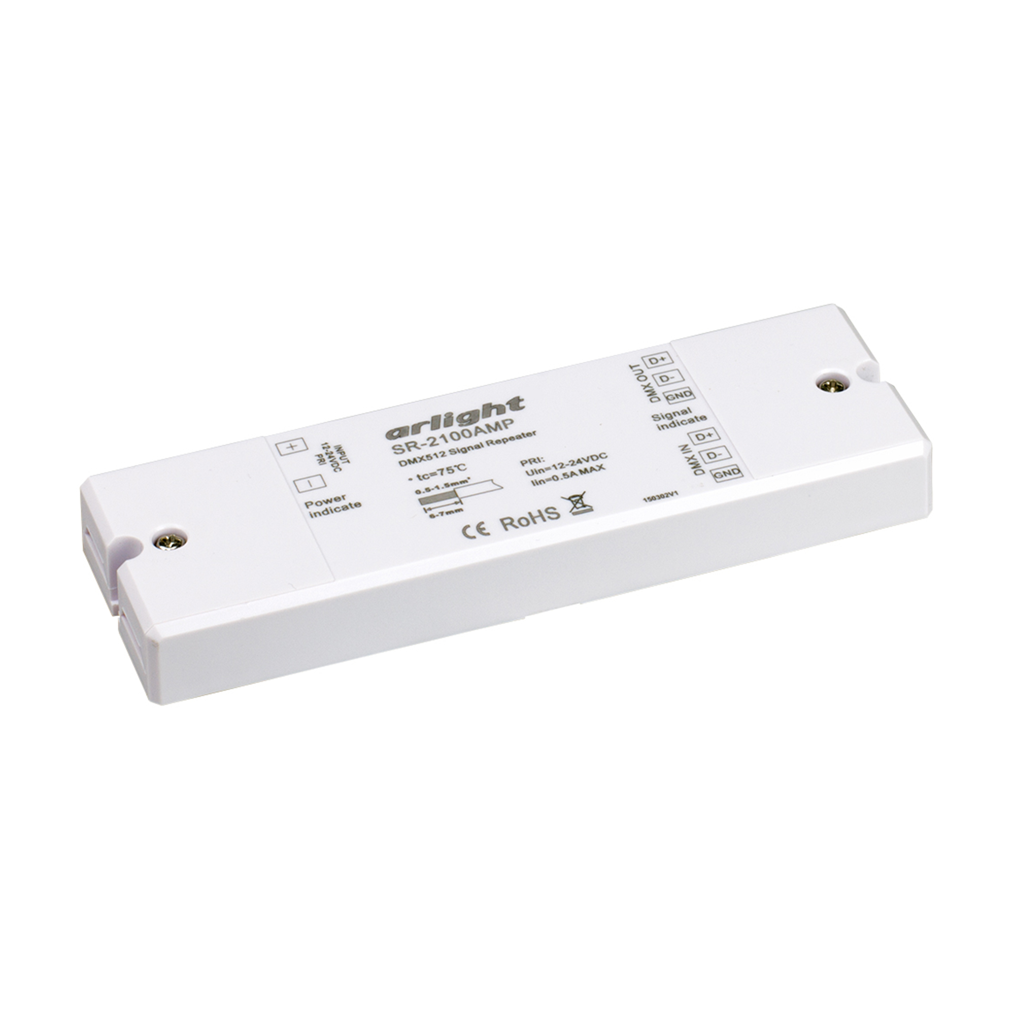 Усилитель DMX-сигнала SR-2100AMP (12-24V, 1CH) 019460 - DMX-усилитель, служит для усиления DMX сигнала (для увеличения дистанции между DMX-контроллером и DMX-декодером). Напряжение 12-24 В. Размеры 145x46x16 мм.