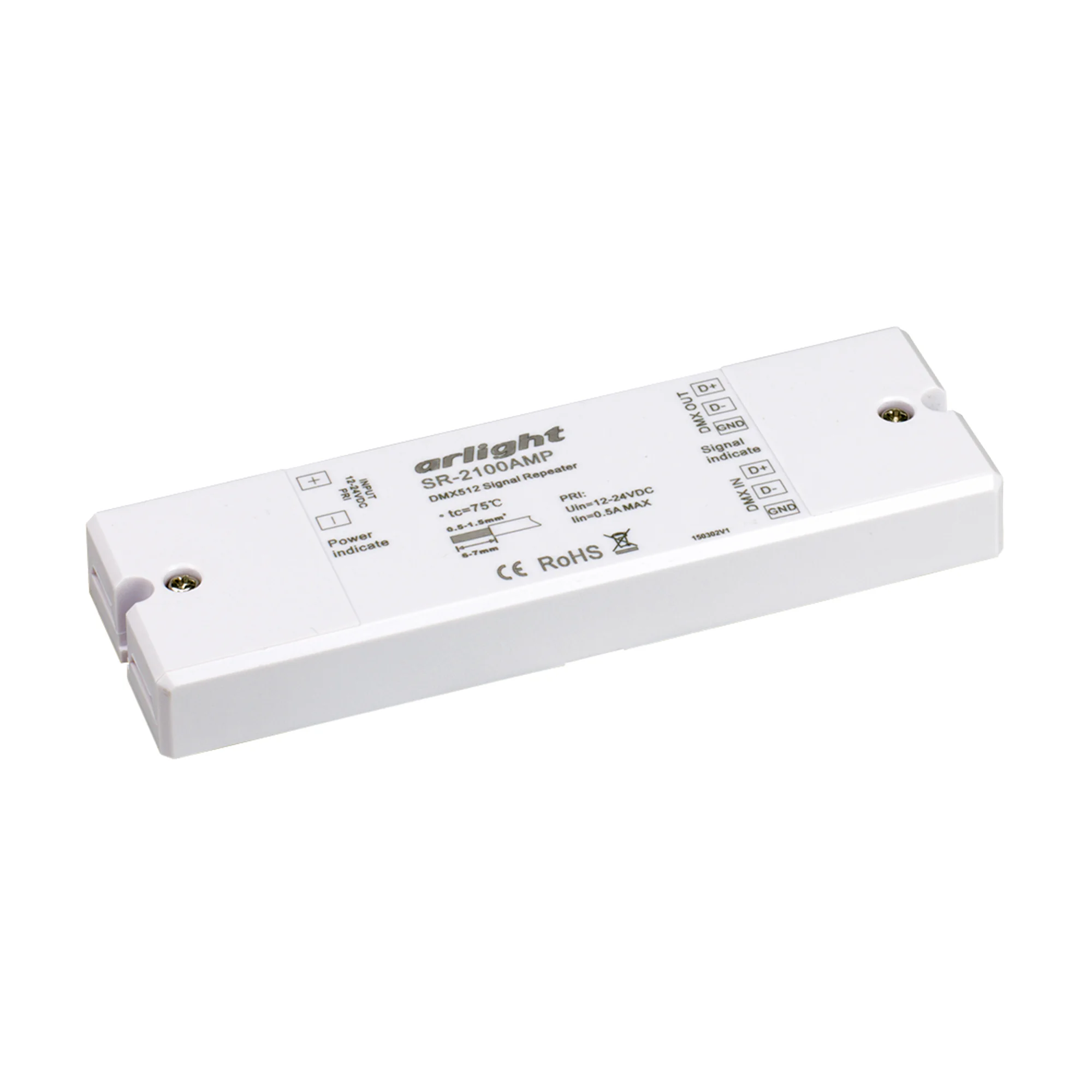 Усилитель DMX-сигнала SR-2100AMP (12-24V, 1CH) 019460 - DMX-усилитель, служит для усиления DMX сигнала (для увеличения дистанции между DMX-контроллером и DMX-декодером). Напряжение 12-24 В. Размеры 145x46x16 мм.