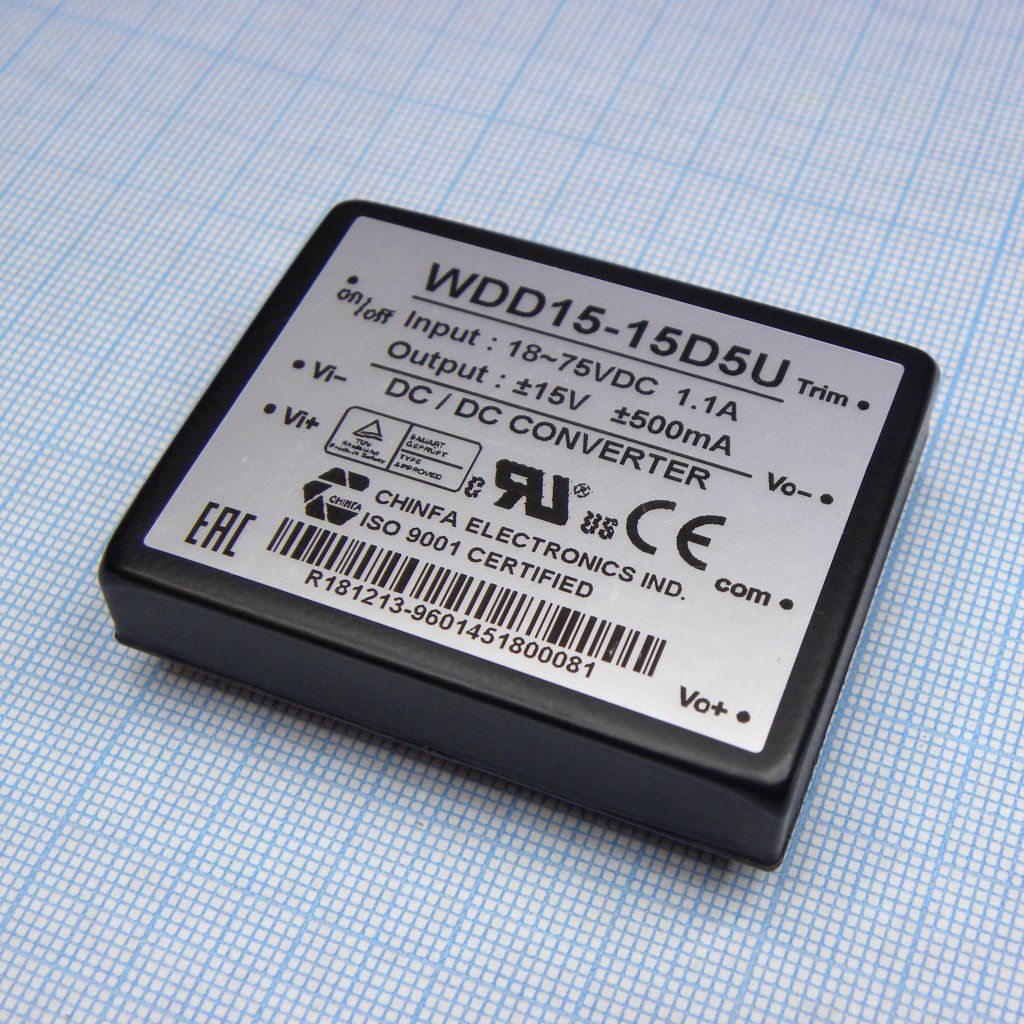 WDD15-15D5U - Преобразователь DC/DC, 15Вт, Uвх=18…75В, Uвых=±15В/±500мА, изоляция 1500В DC, 32х20х12.7мм, -25°С…+71°С