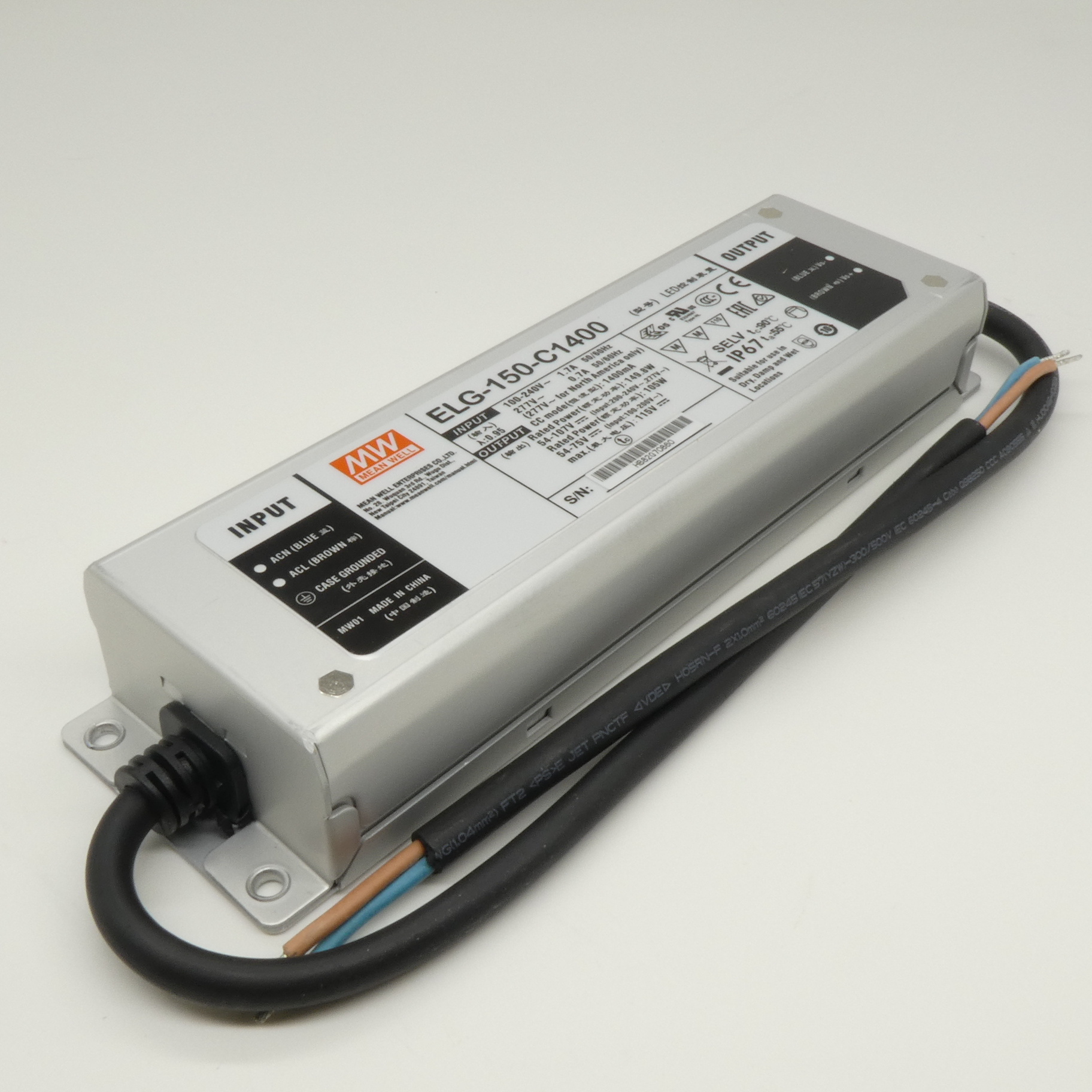 ELG-150-C1400 - AC-DC, 149.8Вт, IP67, вход 100…305В AC, 47…63Гц/142…431В DC, ККМ, выход 54…107В/1400мА, изоляция 3750В AC, в кожухе 219х63х35.5, -40…+70°С