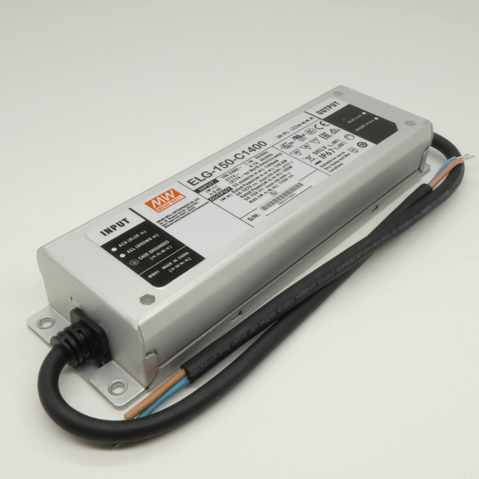 ELG-150-C1400 - AC-DC, 149.8Вт, IP67, вход 100…305В AC, 47…63Гц/142…431В DC, ККМ, выход 54…107В/1400мА, изоляция 3750В AC, в кожухе 219х63х35.5, -40…+70°С