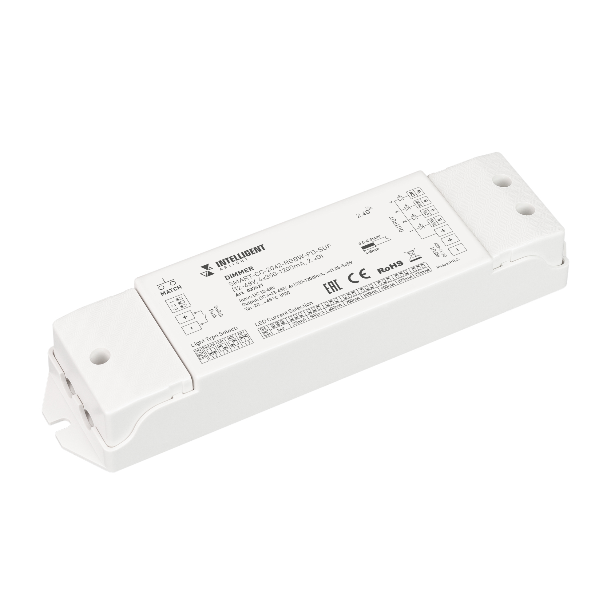INTELLIGENT ARLIGHT Диммер SMART-CC-2042-RGBW-PD-SUF (12-48V, 4x150-500mA, 2.4G) 037420 - Контроллер тока RGBW для светодиодных RGBW светильников (ШИМ). Питание 12-48VDC, выходное 3-45 VDC напряжение , ток 150-500mA на канал, 4 канала, максимальная мощнос