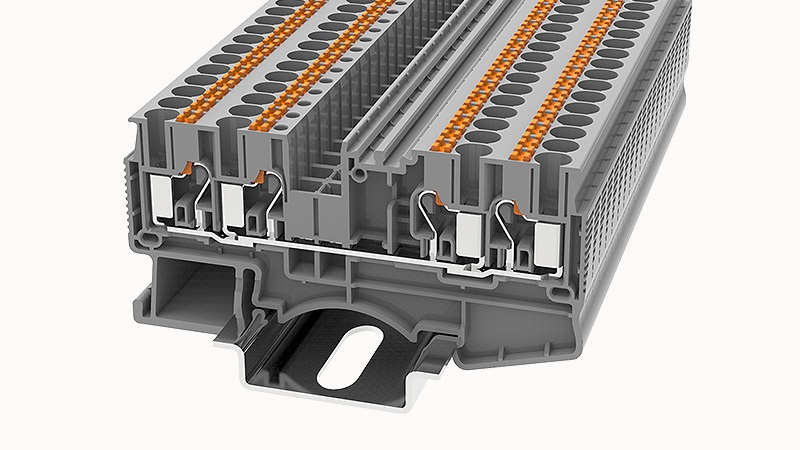 Проходная клемма DS2.5-QU-01P-11 - Проходная клемма, 4 точки подключения, тип фиксации провода: Push-in, номинальное сечение: 2.5 мм кв., 24A, 800V, ширина: 5,2 мм, цвет: серый, втычная перемычка, тип монтажа: DIN35