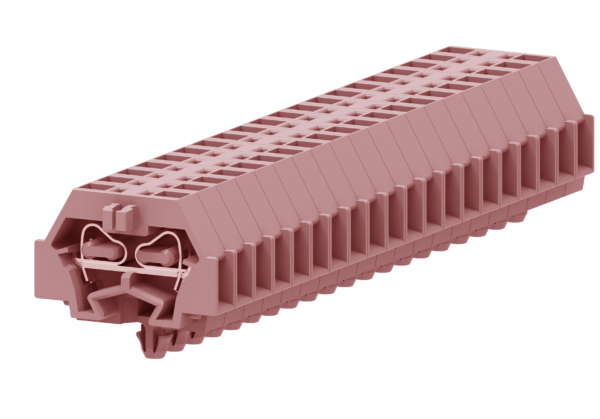 Клемма мини 241319 - Мини клемма, боковой подвод кабеля, 2 точки подключения в клемме, тип фиксации провода: пружинный, номинальное сечение: 2,5 мм кв., 24A, 500V, цвет: розовый, тип монтажа: защелки в панель