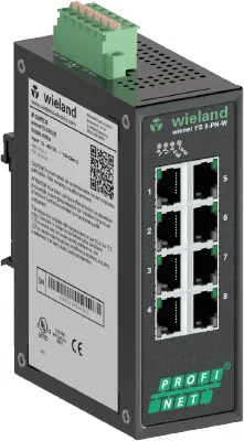 Коммутатор WIENET FS 8-PN-W - Промышленный коммутатор серии WieNet, управляемый, протокол ProfiNET, 8 портов RJ45 скорость передачи 10/100 MBit/s, номинальное напряжение: 8,4-52,8 VDC, монтаж: на DIN рейку, материал корпуса: алюминий