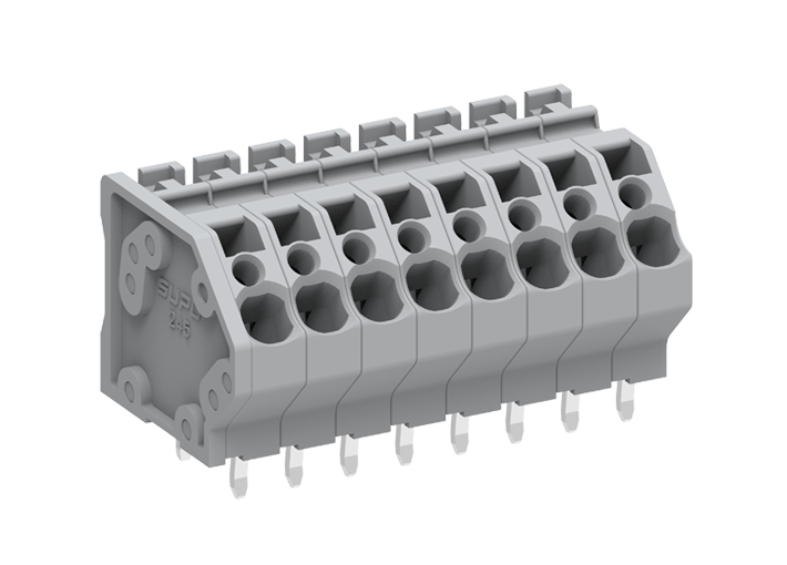 Розеточный разъем на плату 245202 - Клемма, подвод кабеля 45 град., на плату, шаг: 5.0 мм, 2 полюса, фиксация провода push-in, исполнение: два вывода на контакт, 320V, 32A, цвет: серый