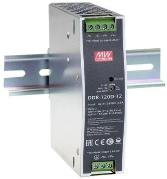 DDR-120A-48 - DC-DC, 100.8Вт, вход 9…18В DC, выход 48В/2.5А, изоляция 4000В DC, в кожухе на DIN-рейку, 32х125.2х102мм, -40...+70°С