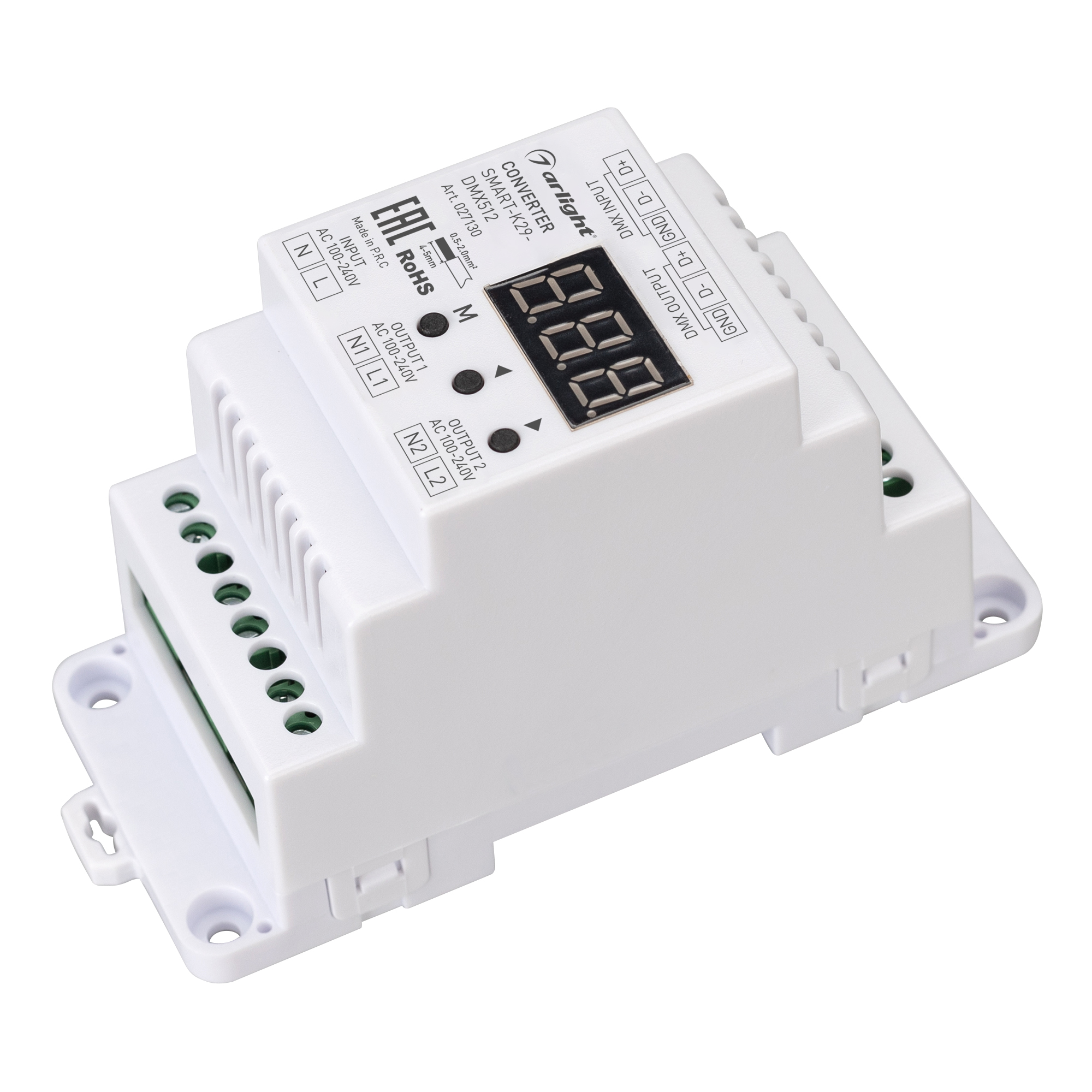 Конвертер SMART-K29-DMX512 (230V, 1x2A, TRIAC, DIN) 027131 - Конвертер сигнала DMX512 в TRIAC. Вход - DMX512, выход TRIAC(230V), напряжение питания AC 230V. 1 канал управления, ток нагрузки 1х2А. На корпусе цифровой дисплей. Габариты 110x48x67 мм. Для исп