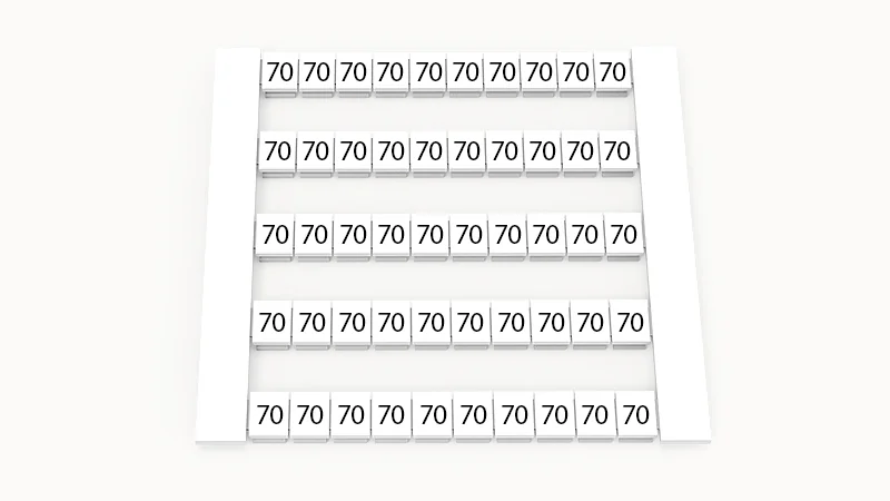 Марк. кассета DEK5-50P-19-131Z(H) - Маркировочные шильдики для клемм WS…, сечением 2,5 мм кв., боковая, 50 шильдиков, нанесенные символы: 70, по 5 полосок,с вертикальным расположением, размер шильдика: 4,8х5,5 мм, цвет белый