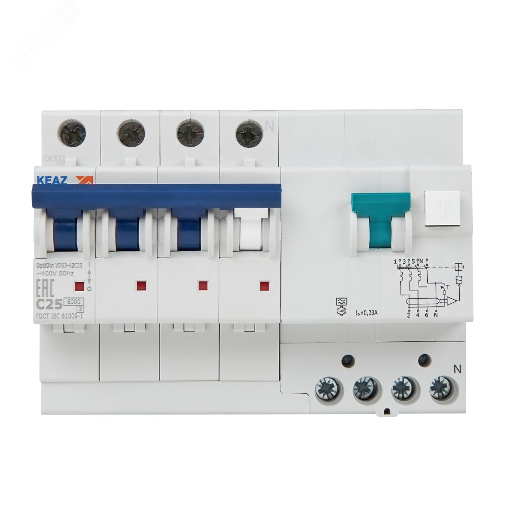 АВДТ с защитой от сверхтоков OptiDin VD63-42C25-A-УХЛ4 (4P, C25, 30mA) 103478