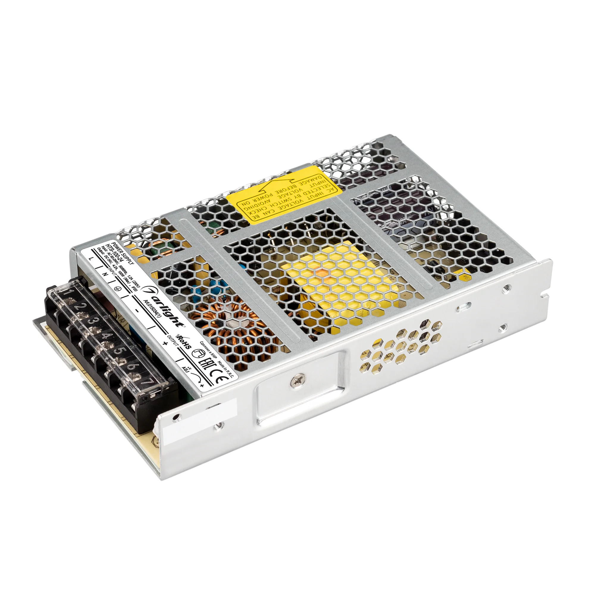 Блок питания HTS-100-24 (24V, 4.2A, 100W) 015034(1) - Источник напряжения с гальванической развязкой для светодиодных изделий. Входное напряжение 90-264 VAC. Выходные параметры: 24 В, 4,2 А, 100 Вт. Негерметичный алюминиевый сетчатый корпус IP 20.