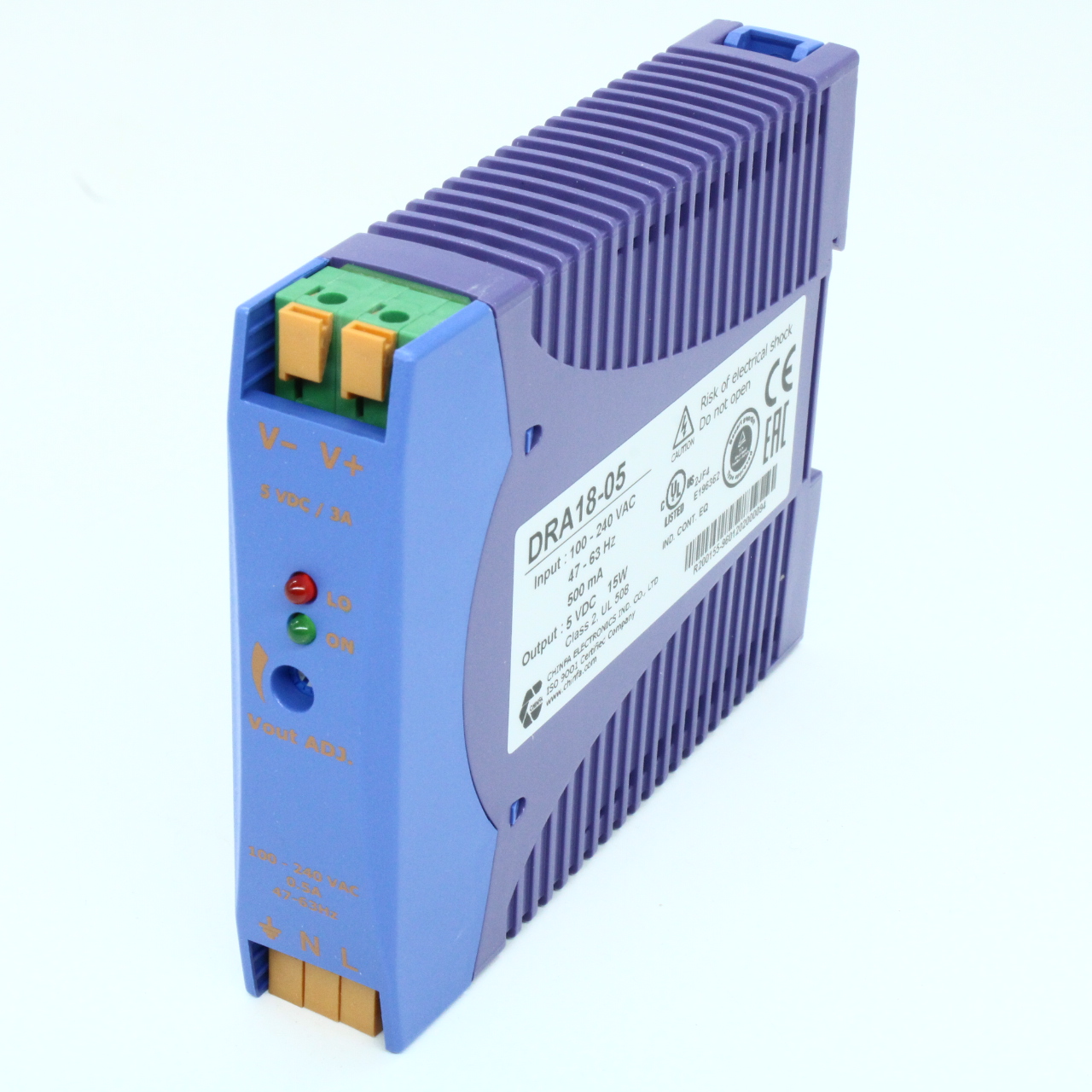 DRA18-05 - Преобразователь AC-DC на DIN-рейку  15Вт, выход 5В/3A, рег. вых 4.5…5.75В, вход 90…265V AC, 47…63Гц / 120...370V DC , изоляция 3000V AC, : 115х90х23мм, -20…+71°С, пружинные клеммы