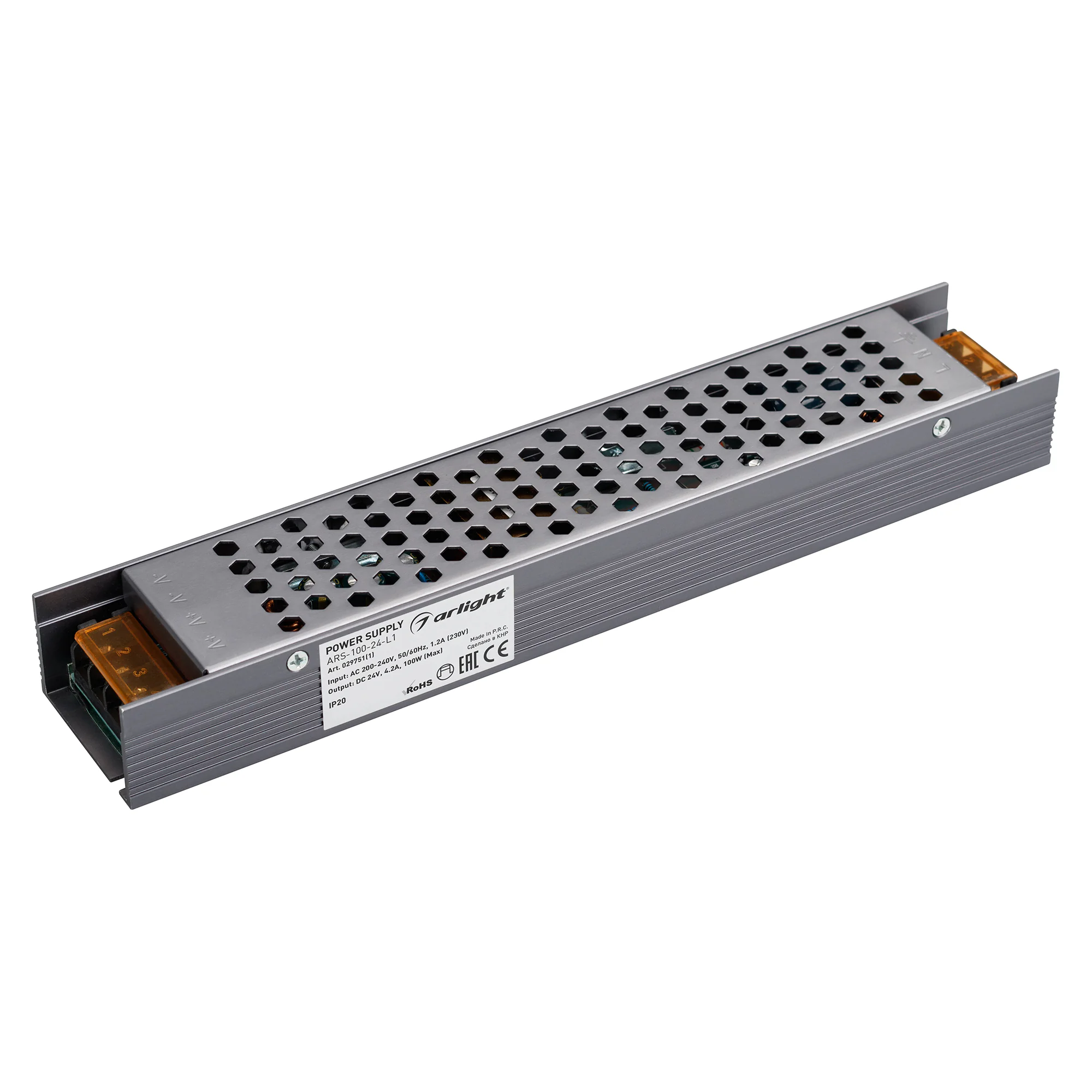 Блок питания ARS-100-24-L1 (24V, 4.2A, 100W) 029751(1) - Источник напряжения с гальванической развязкой для светодиодных изделий. Входное напряжение 200 - 240 VAC. Выходные параметры: 24 В, 4,2 А, 100 Вт. Встроенный PFC >0,5. Негерметичный алюминиевый сет