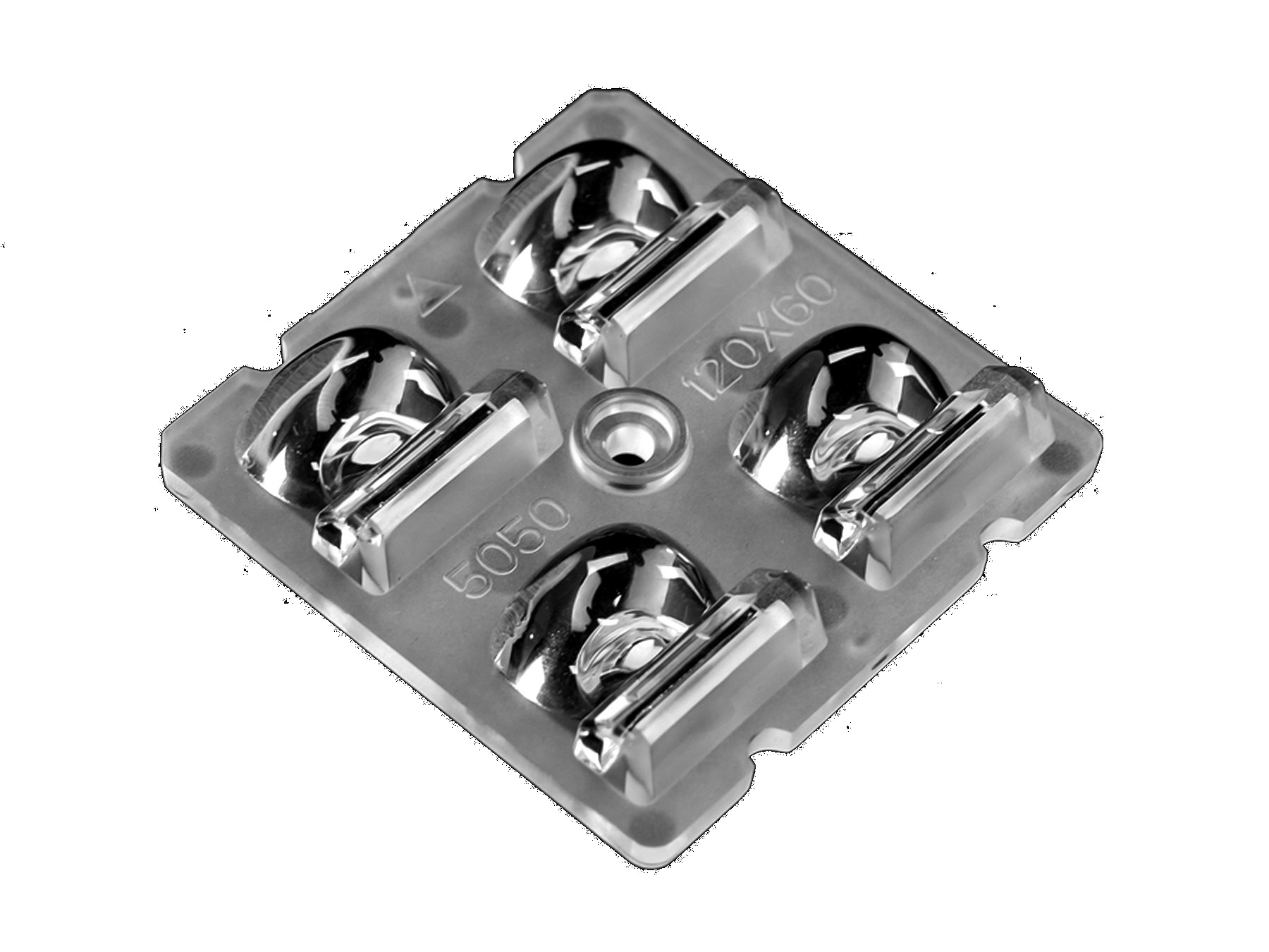 ALST50D4LED5050T12060G - Групповая квадратная линза 2x2 на 4 светодиода 5050/3030 эфф=90% 120°x60° T4 Asymmetric for Tunnel ligh, 50x50mm H:8,62mm, PC