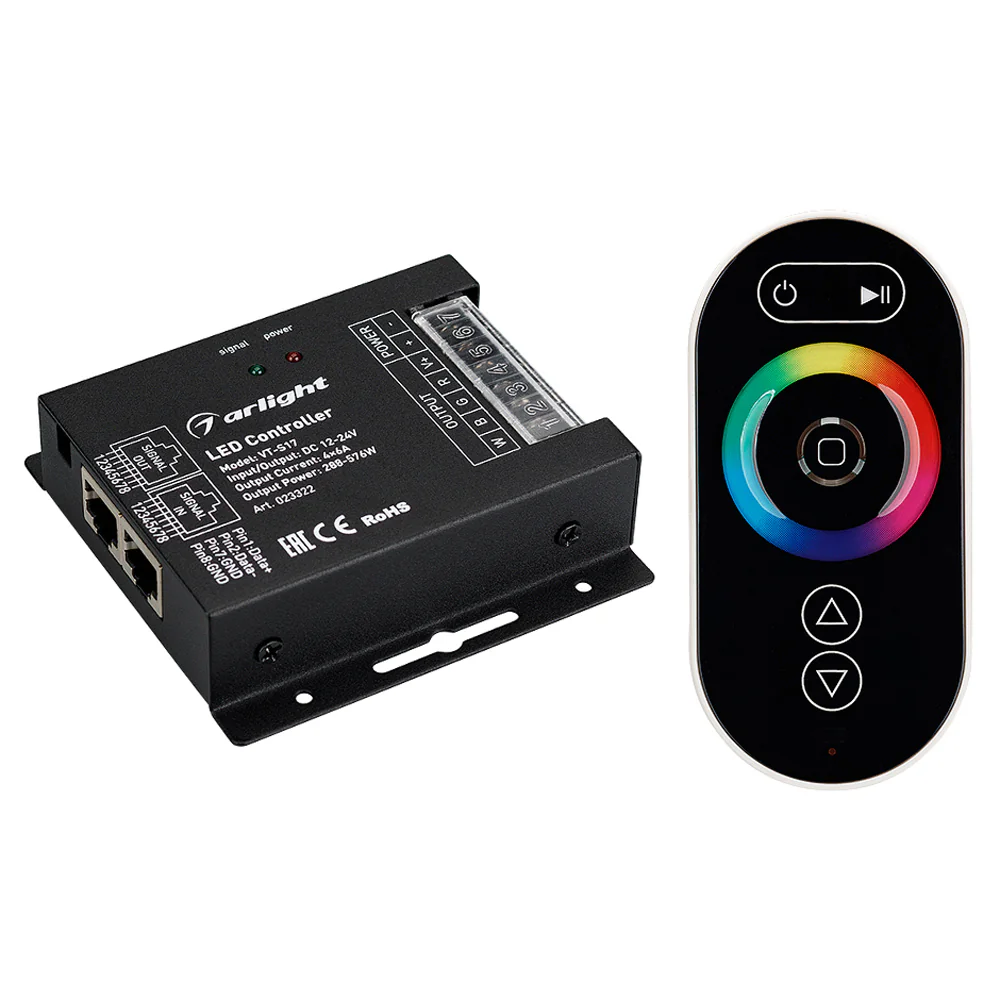 Контроллер VT-S17-4x6A (12-24V, ПДУ Овал, RF) 023322 - 4-канальный RGBW контроллер с сенсорным радиопультом Овал черного цвета. Питание 12-24VDC, макс.ток 4х6A, максимальная мощность 288-576W. Габариты контроллера 91х88х24 мм.