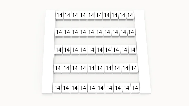 Марк. кассета DEK5-50P-19-88Z(H) - Маркировочные шильдики для клемм WS…, сечением 2,5 мм кв., боковая, 50 шильдиков, нанесенные символы: 14, по 5 полосок,с вертикальным расположением, размер шильдика: 4,8х5,5 мм, цвет белый