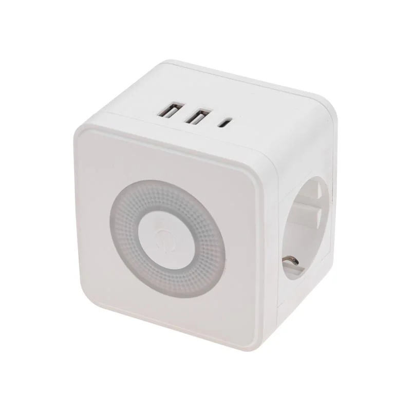 Двойник электрический Куб 16А с/з+2хUSB-A 2.4А+USB Type-C 3А с ночной подсветкой бел. 11-1251