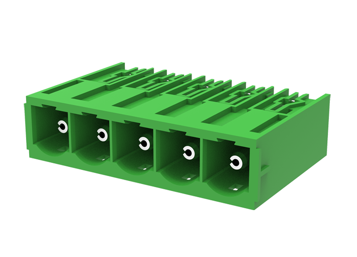 Вилочный разъем на плату MC-PH10.16H07-0001 - Вилочный разъем, горизонтальный, на плату, шаг: 10.16 мм, 7 полюсов, фиксация на плате пайкой, исполнение: три вывода на полюс, 1000V, 76A, цвет: зеленый