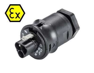 Разъем RST20I3SXS1  M00V  SW - Взрывозащищенный вилочный разъем в панель, М20, IP68(69k), 3 полюса, винтовая фиксация провода, номинальные характеристики: 250/400V, 20A, цвет: черный, серия RST Ex