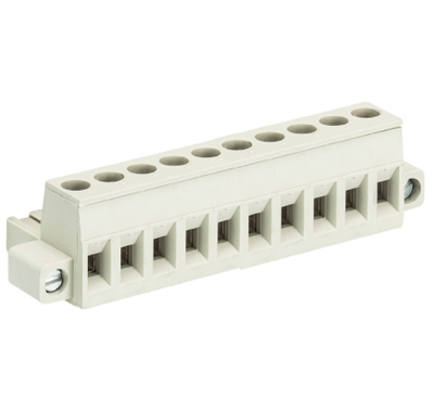 Розетка Wiecon 8213 B / 10 F OB - Розеточный разъем, угловой, на кабель, с монтажными фланцами, шаг 5,08 мм, 10 полюсов, номинальное сечение: 2,5 мм кв., винтовая фиксация провода, 400V, 12А, без маркировки, цвет: серый, серия 8213 F OB