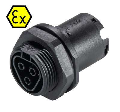 Разъем RST20I3FXB2 M01 SW - Взрывозащищенный розеточный разъем в панель, М25, IP68(69k), 3 полюса, пружинная фиксация провода, номинальные характеристики: 250/400V, 20A, цвет: черный, серия RST Ex