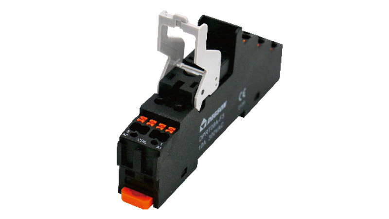 Колодка для реле DPRT08A-F3 - Колодка для реле DRPT-2C, 10A, 300V, фиксация провода: Push-in, с защитой от прикосновения, с разъемом для модуля DMD, пластик, цвет: черный, монтаж на DIN рейку