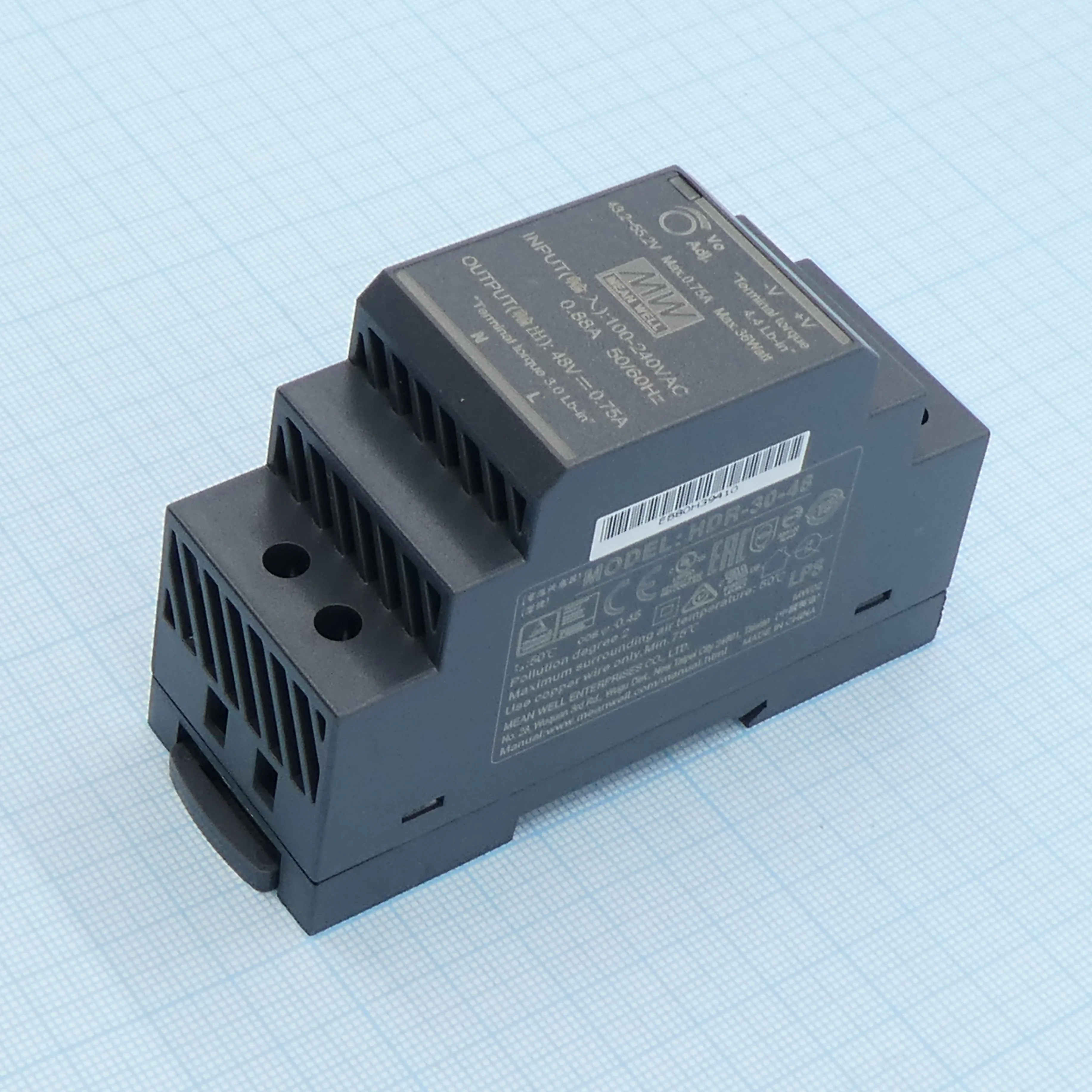 HDR-30-48 - AC-DC, 36Вт, вход 85...264 В AC 47...63Гц/120...370В DC, выход 48В/0.75А, изоляция 3000В AC, в кожухе на DIN-рейку, 35х90х54.5мм, -30...+70°С