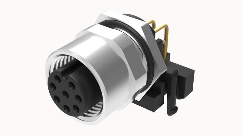 Розеточный разъем SR-M12A-05P-FF-SF7003 - Розеточный разъем для монтажа на печатную плату, 5 полюсов, M12, гайка спереди, угол 90 град., фиксация провода пайкой, A-Code, 4A, 60V, M12*1.0, металл