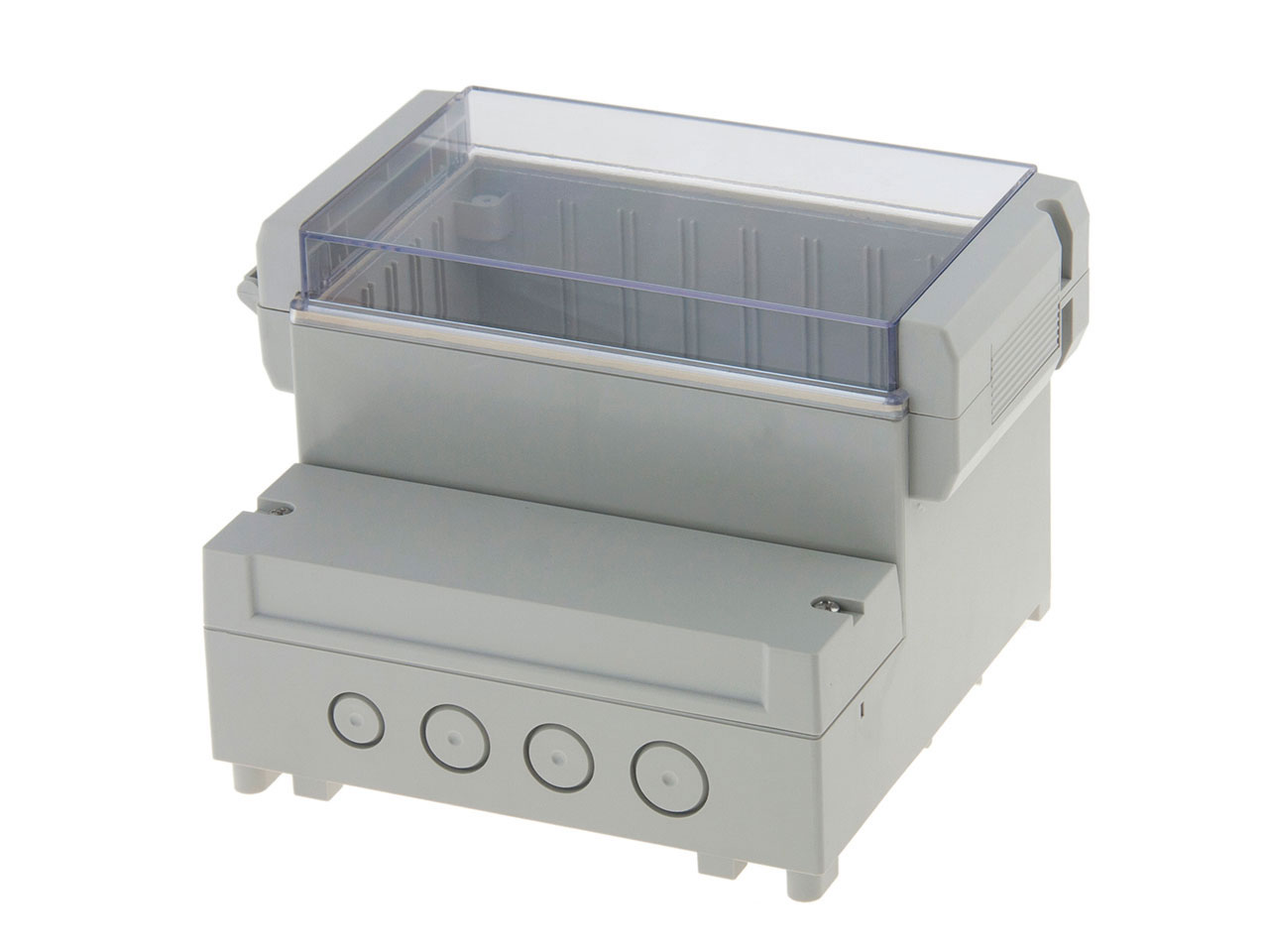 DC003CUL - Двухсекционный корпус IP65 с откидной прозрачной крышкой, база ABS светло-серая, крышка из поликарбоната