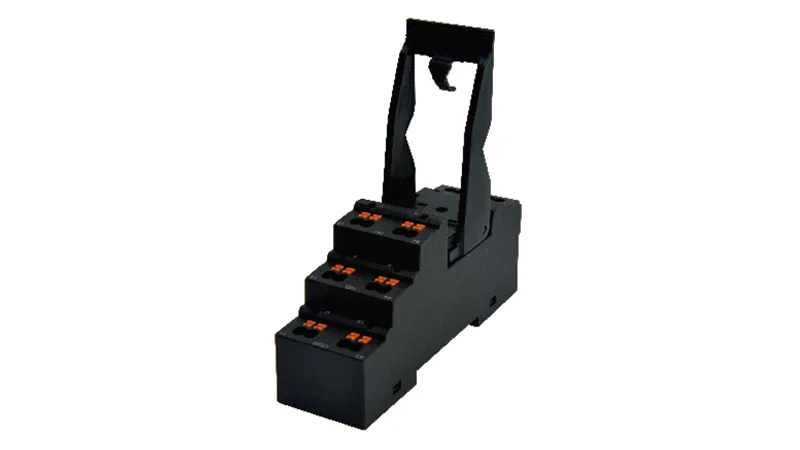 Колодка для реле DPWF08A-F3 - Колодка для реле DRPE-2CH, 10A, 300V, фиксация провода: Push-in, с защитой от прикосновения, пластик, цвет: черный монтаж на DIN рейку
