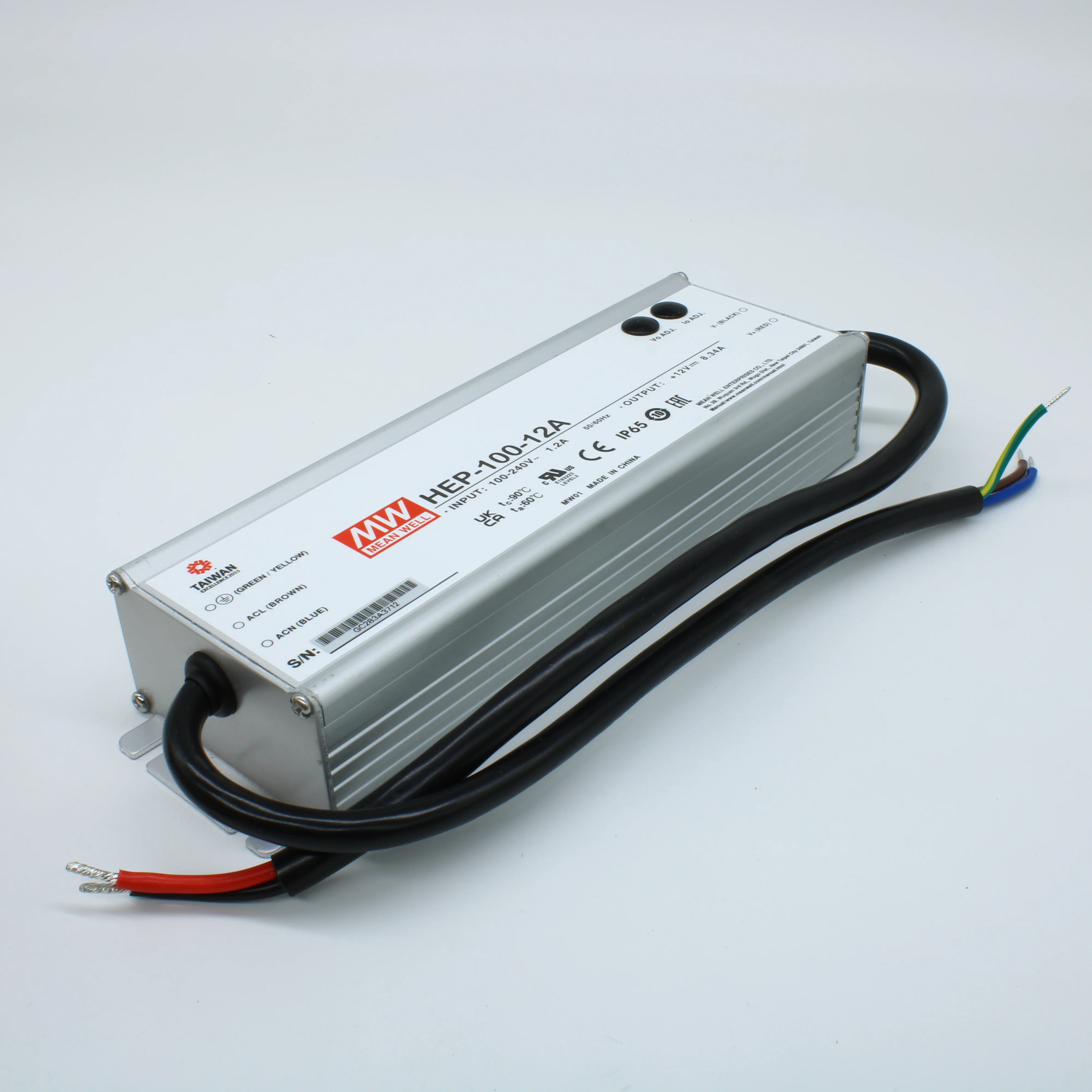 HEP-100-12A - AC-DC, 100.08Вт, вход 85…264V AC, 47…63Гц /120…370В DC, выход 12В/8.34A (рег.10.8…13.5В), изоляция 3750В AC, в корпусе 220х68х38.8мм, -55…+70°С, корректор коэф. мощности, IP65