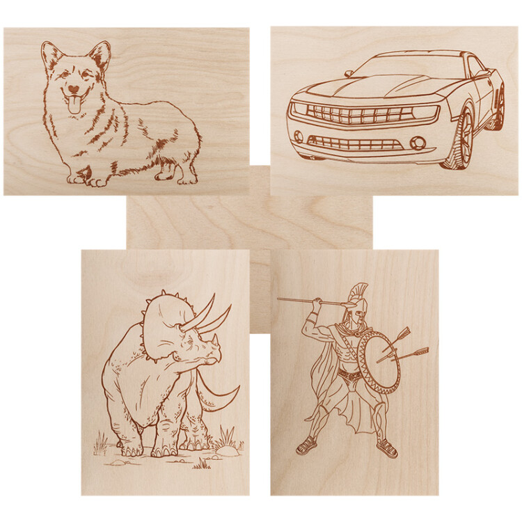 Доски для выжигания REXANT, «Набор №2» (воин/динозавр/собака/машина/без рисунка), 148х210 мм (А5), 5 шт., пакет 12-0937