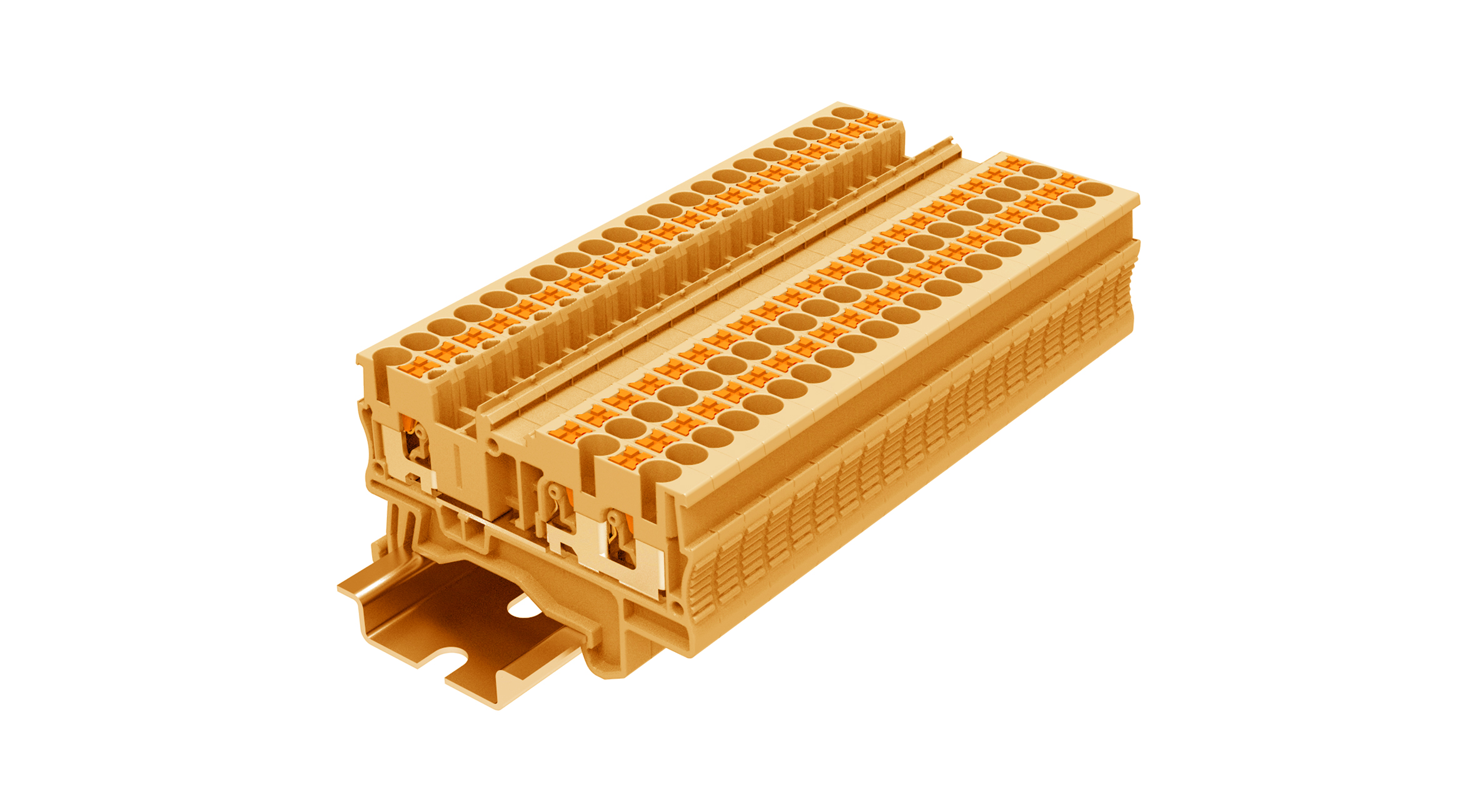 Проходная клемма TP2.5-3-OG - Проходная клемма, 3 точки подключения, push-in, номинальное сечение: 2,5 мм кв., 24A, 500V, ширина: 5,2 мм, цвет: оранжевый, тип монтажа: DIN 35