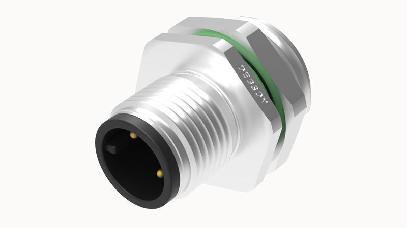 Вилочный разъем SP-M12A-04P-MM-SH8001 - Вилочный разъем в панель, 4 полюса, M12, гайка сзади, монтаж на плату, 180 град., A-Code, 4А, 250V, PG9 металл