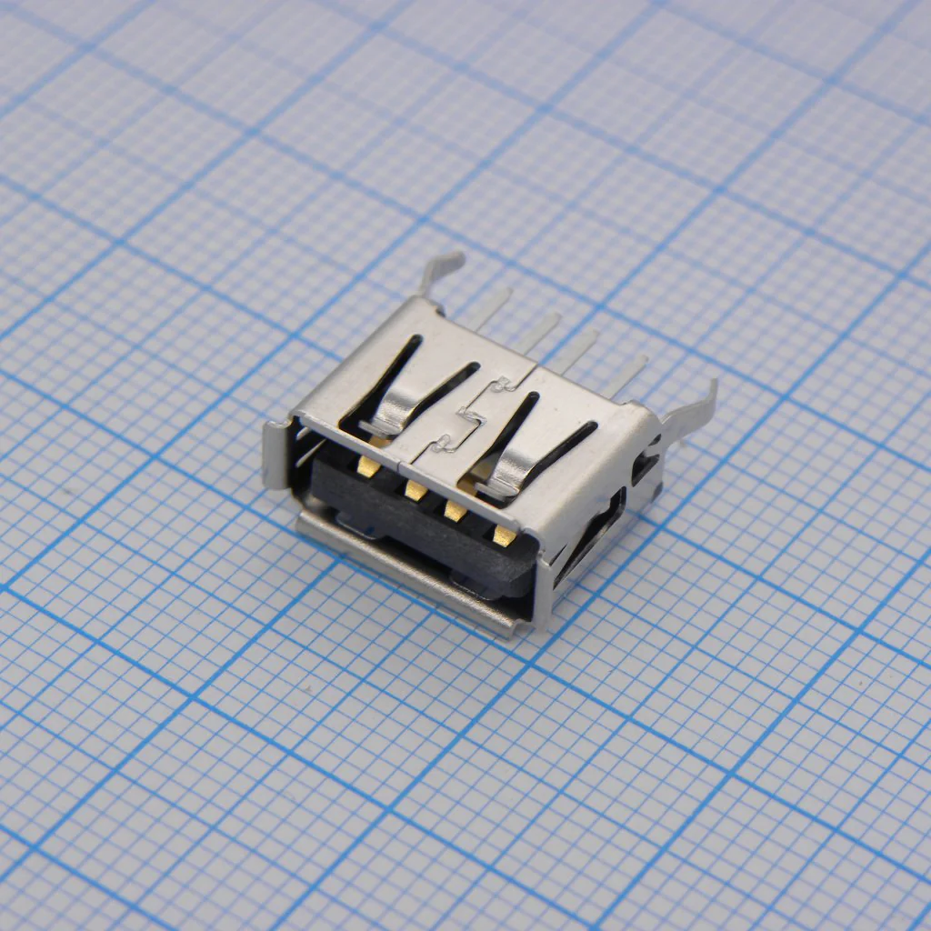 1050570001 - Разъем USB тип A, USB 2.0, розетка, 4 вывод(-ов), Монтаж в Сквозное Отверстие, Вертикальный