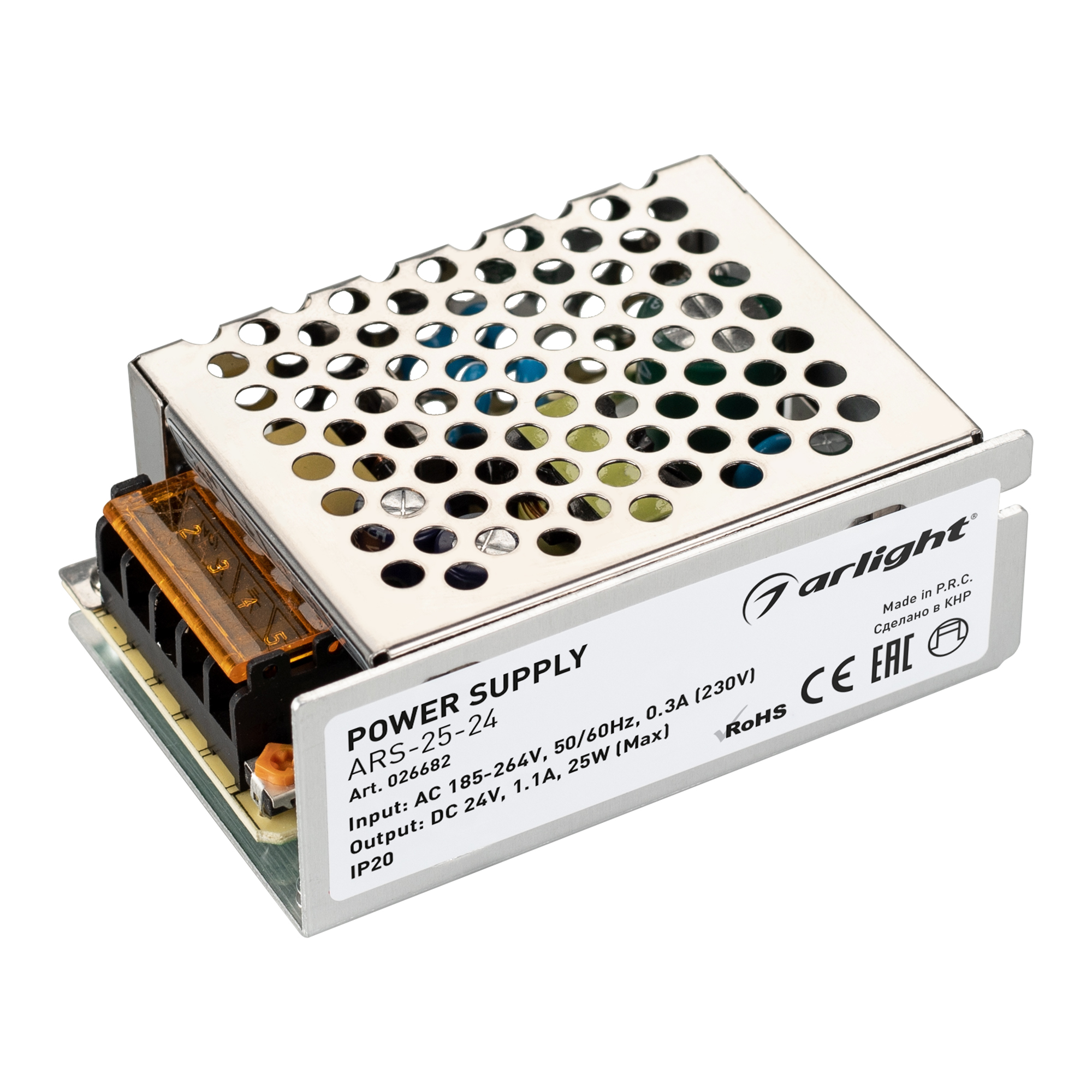 Блок питания ARS-25-24 (24V, 1.1A, 25W) 026682 - Источник напряжения с гальванической развязкой для светодиодных изделий. Входное напряжение 185-264 VAC. Выходные параметры: 24 В, 1,1 А, 25 Вт. Встроенный PFC >0,5. Негерметичный алюминиевый сетчатый корпу