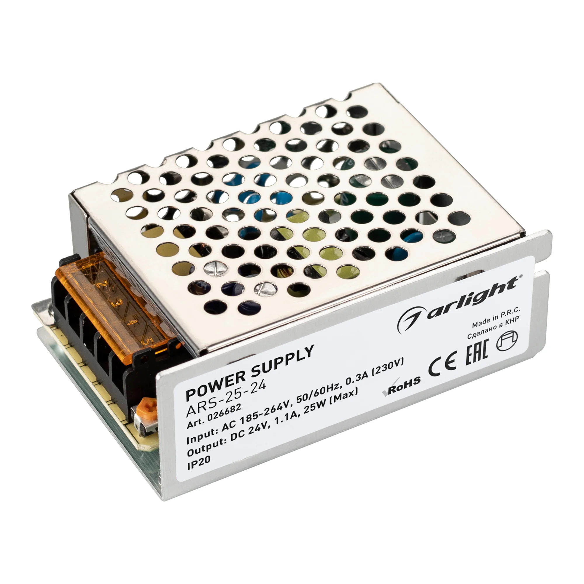 Блок питания ARS-25-24 (24V, 1.1A, 25W) 026682 - Источник напряжения с гальванической развязкой для светодиодных изделий. Входное напряжение 185-264 VAC. Выходные параметры: 24 В, 1,1 А, 25 Вт. Встроенный PFC >0,5. Негерметичный алюминиевый сетчатый корпу